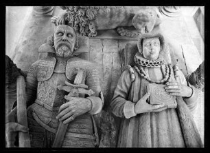 Detail der Bettlade: Oberkörper Graf Ludwig III. von Löwenstein und Gräfin Anna von Stolberg
