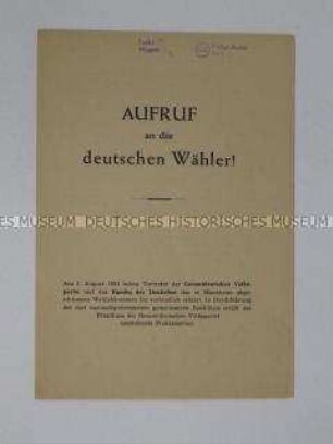 Flugschrift mit dem Wortlaut eines Aufrufes der Gesamtdeutschen Volkspartei (GVP) zur Bundestagswahl 1953