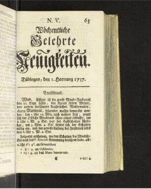 N. V. Tübingen, den 1. Hornung 1737