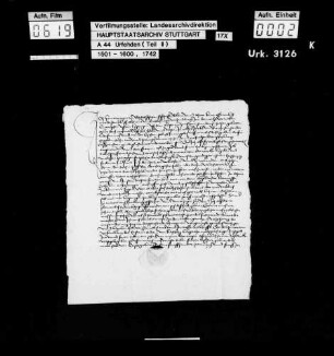 Hans Wagner zu Pleidelsheim wegen einiger Vergehen beim Bauernaufruhr zu Verlassen des Amts Marbach verurteilt, jedoch auf Fürbitten des Junkers Jakob von Bernhausen gegen eine Geldstrafe von 6 fl begnadigt, schwört U. und verspricht, fortan keine Wehr außer einem abgebrochenen Brotmesser zu tragen, offene Zechen zu meiden und an keinem Aufruhr mehr teilzunehmen.