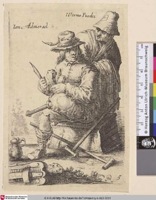 [sitzender Bettler mit Holzbein; Seated beggar with peg leg and holding knife in right hand]