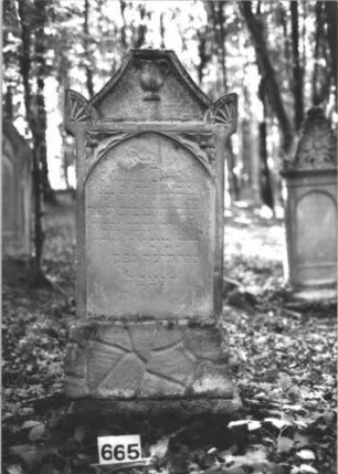 Grabstein 665 (Index: 99900569) Material: Sandstein Zustand: oben stark verwittert, sonst leicht angewittert Maße HxBxT: 138x58x14 cm Beschreibung: aufgesockelte Stele mit oben abgeflachtem Dreiecksabschluss, Eckakroterien, im Dreiecksfeld Levitenkanne Symbolik: Levitenkanne: Grabstein 665