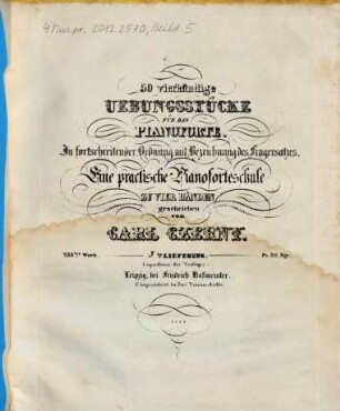 50 vierhändige Uebungsstücke für das Pianoforte : in fortschreitender Ordnung mit Bezeichnung des Fingersatzes ; eine practische Pianoforteschule zu vier Händen ; 239. Werk, 3