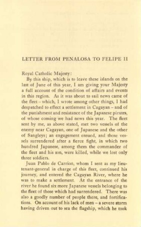 Letter from Penalosa to Felipe II