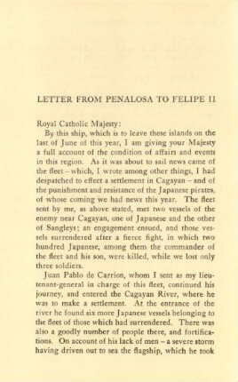 Letter from Penalosa to Felipe II