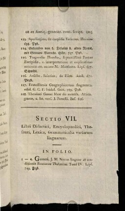 405-428, Sectio VII. Libri Didactici, Encyclopaedici, Thesauri, Lexica, Grammaticalia variarum linguarum.