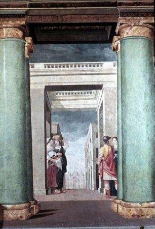 Illusionistische Architekturkulisse, mit Blick auf den Markusdom in Venedig, mit Staffagefiguren