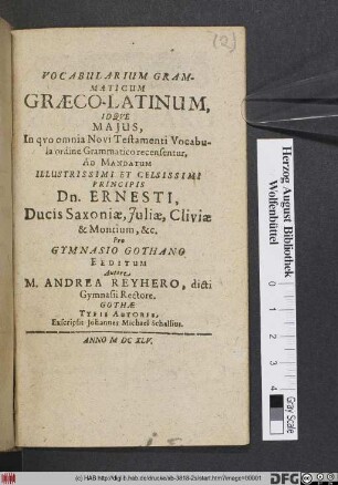 Vocabularium Grammaticum Graeco-Latinum, Idque Maius : In quo omnia Novi Testamenti Vocabula ordine Grammatico recensentur