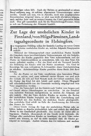 Zur Lage der unehelichen Kinder in Finnland