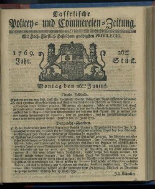 26tes Stueck, Montag den 26ten Junius 1769