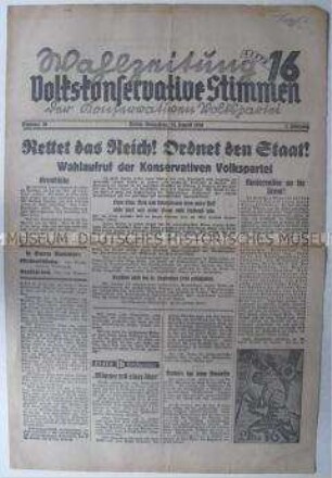 Wochenzeitung der Konservativen Volkspartei "Volkskonservative Stimmen" zur Reichstagswahl 1930