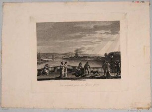 Blick von der Elbbrücke (alte Augustusbrücke) in Dresden nach Osten auf die Befestigung der Altstadt und die Elbhänge, im Vordergrund Spaziergänger, aus Rittners Dresden mit seinen Prachtgebäuden um 1810