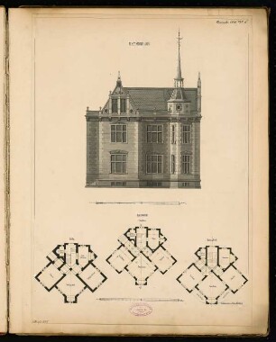Villa Monatskonkurrenz November 1886: Grundriss Keller, Erdgeschoss, Obergeschoss, Aufriss Seitenansicht; Maßstabsleiste