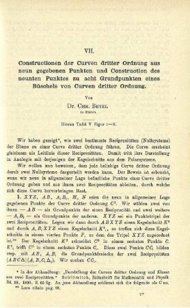 VII. Constructionen der Curven dritter Ordnung aus neun gegebenen Punkten und Construction des neunten Punktes zu acht Grundpunkten eines Büschels von Curven dritter Ordnung.