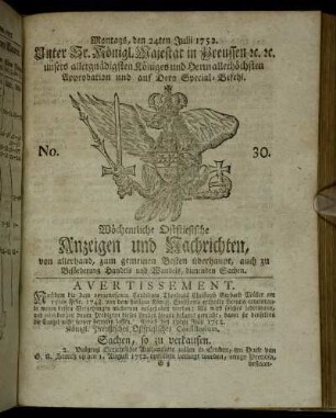 No. 30. Montags, den 24ten Julii 1752.