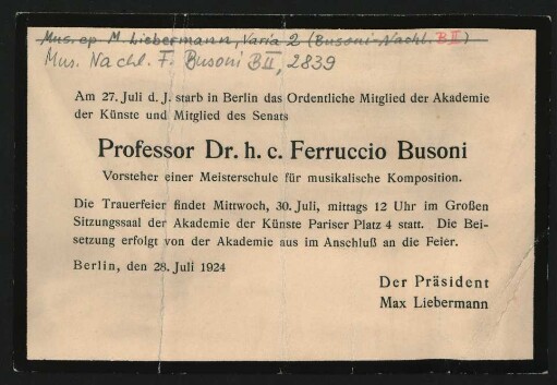 Todesanzeige für Ferruccio Busoni