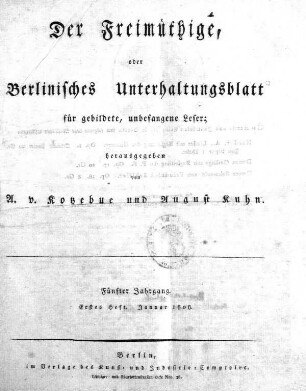 5.1808: Der Freimüthige oder Berlinisches Unterhaltungsblatt für gebildete, unbefangene Leser