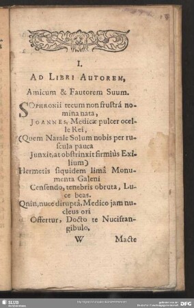 I. Ad Libri Autorem, Amicum & Fautorem Suum