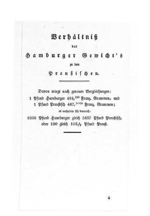 Verhältniß des Hamburger Gewicht´s zu dem Preußischen