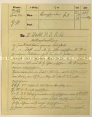 Handschriftlich ausgefüllter Vordruck zur Meldung über den aktuellen Verlauf des Kriegsgeschehens; Mittagsmeldung an das II. Battalion Reserve-Infanterie-Regiment 66, Uhrzeit 11:00 Uhr