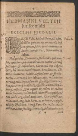 Hermanni Vulteii Iurisconsulti Exegesis Feudalis.