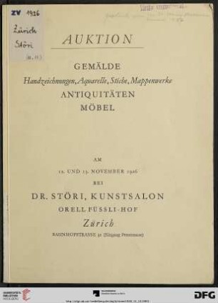 Gemälde - Handzeichnungen, Aquarelle, Stiche, Mappenwerke - Antiquitäten, Möbel : Auktion ; am 12. und 13. November 1926