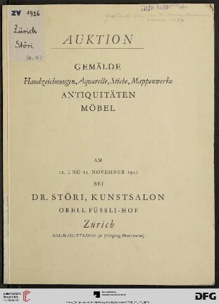 Gemälde - Handzeichnungen, Aquarelle, Stiche, Mappenwerke - Antiquitäten, Möbel : Auktion ; am 12. und 13. November 1926