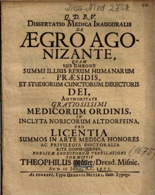 Dissertatio Medica Inauguralis De Aegro Agonizante