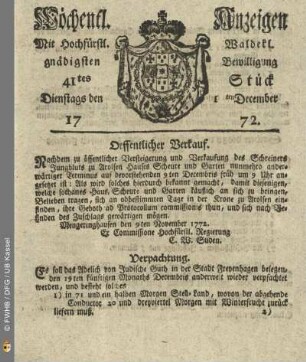 41tes Stueck, Dienstags den 1ten December 1772