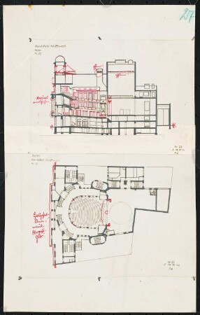 Theaterbau des Komödienhauses, Berlin: Grundriss und Längsschnitt