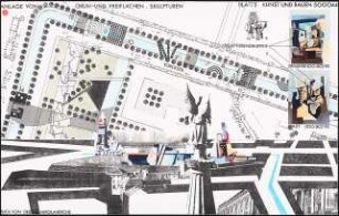 Umgestaltung des zugeschütteten Stadtkanals zur Kunstmeile, Yorckstraße, Potsdam Schinkelwettbewerb 1993: Grün- und Freiflächen, Skulpturen: Lageplan, perspektivische Ansichten (Collage)