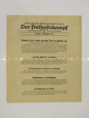 Nachrichtenblatt der sächsischen NSDAP-Zeitung "Der Freiheitskampf" mit Kurzmeldungen von verschiedenen Kriegsschauplätzen u.a. die Todesopfer der Hungersnot in Indien