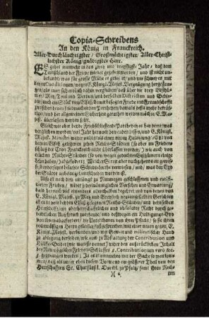 Copia-Schreibens An den König in Franckreich