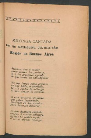 Milonga cantada : Por un santiagueño, que hace años, reside en Buenos Aires