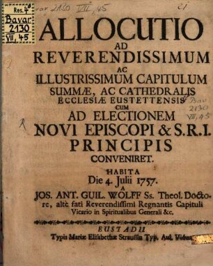 Allocutio ad ... Capitulum Summae ac Cathedralis Ecclesiae Eustettensis