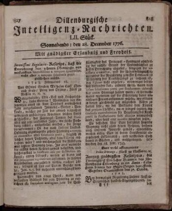 LII. Stück: Sonnabends: den 28. December 1776