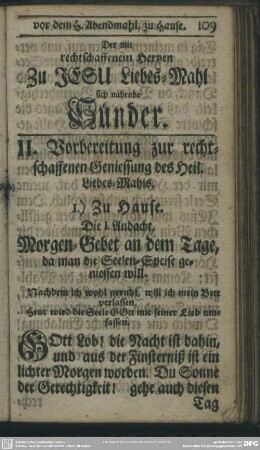II. Vorbereitung zur rechtschaffenen Geniessung des Heil. Liebes-Mahls