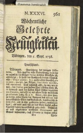 N. XXXVI. Tübingen, den 5. Sept. 1738