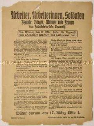 Programmatischer Wahlaufruf der Sozialdemokratischen Partei anlässlich der Neuwahl zum Chemnitzer Arbeiter- und Soldatenrat im März 1919