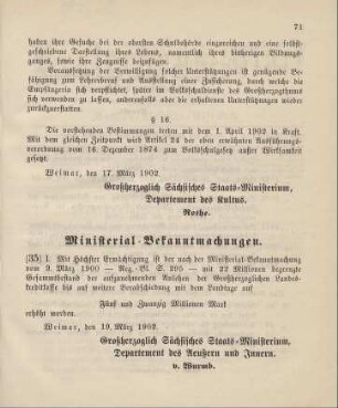 35. Ministerial-Bekanntmachung, betreffend Erhöhung des Gesammtbestands der aufzunehmenden Anlehen der Großherzoglichen Landeskreditkasse