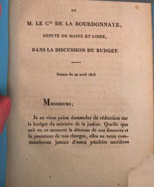 Opinion de M. le Cte. de la Bourdonnaye, Député de Maine et Loire, dans la discussion du Budget