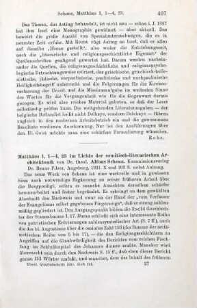 407-408 [Rezension] Schenz, Alfons, Matthaeus 1,1-4,23 im Lichte der semitisch-literarischen Architektonik