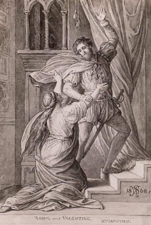 Ludwig Schnorr von Carolsfeld (1836-1865; Tenor) als Raoul in der Oper "Die Hugenotten" von Giacomo Meyerbeer. Handzeichnung von Julius Schnorr von Carolsfeld, 24.12.1860 und 1868. Ehemals Stadtmuseum Dresden (vermisst)