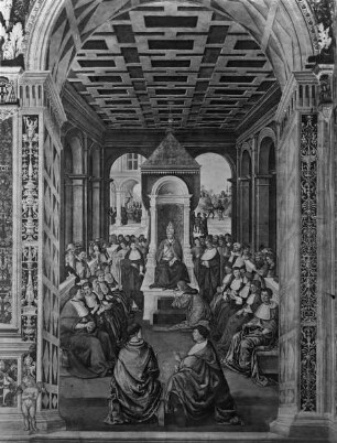 Ausmalung der Libreria Piccolomini — Leben des Enea Silvio Piccolomini, des späteren Pius II. — Enea S. Piccolomini huldigt Papst Eugen IV. und Priesterweihe