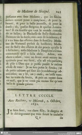 Lettre CCCCLX. Aux Rochers, ce Mécredi, 2. Octobre, 1680