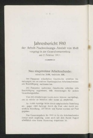 Jahresbericht 1910 der Arbeits-Nachweisungs-Anstalt von 1848 vorgelegt in der Generalversammlung am 2. Februar 1911.