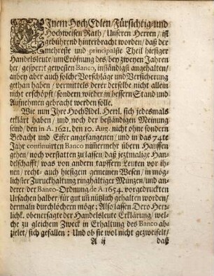 Eines Hoch Edlen Hochweisen Raths, der Stadt Nürnberg, Interims-Verordnung, Wie es mit dem Corrent-Banco allhie, biß auf fernerweitiges Reglement im Münzwesen, gehalten werden solle : [Decretum in Senatu, den 20. Julii, A. 1695]