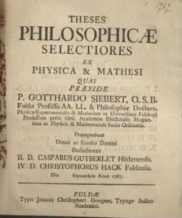 Theses philosophicae selectiores ex physica & mathesi