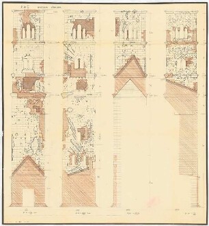 Kaiser-Wilhelm-Gedächtniskirche, Berlin-Charlottenburg: 4 Ansichten Hinterer Südturm, Nachkriegszustand, 1:50