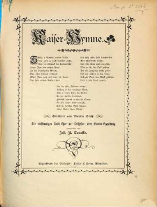 Kaiser-Hymne : gedichtet von Martin Greif ; für 1stg. Volks-Chor mit Orchester- oder Clavier-Begl.
